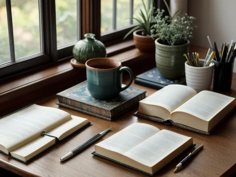 Infusión de manzanilla para dermatitis natural enfriándose junto a libros de biblioteca, apuntes de autoestudio en herbolaria.