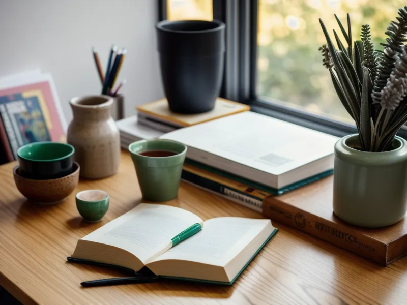 Una taza de té humeante sobre una mesa de biblioteca rodeada de libros antiguos, parte de mi autoestudio en plantas curativas para la salud digestiva.