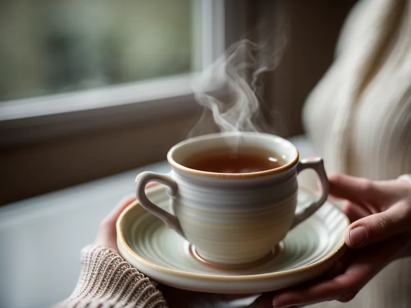 Mano sosteniendo una taza de té frente a una ventana lluviosa en Montevideo.